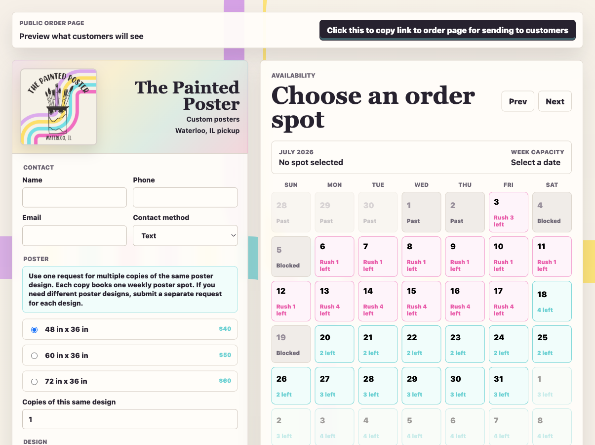 Screenshot of the public poster order page with the order form and availability calendar.